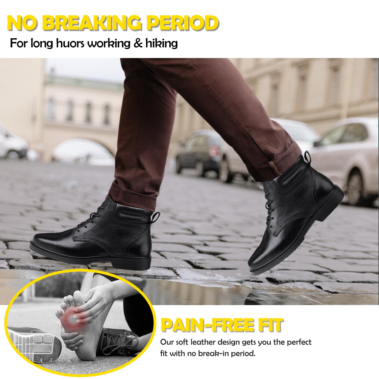 WORKPOINT Men's Dress Leather Ankle Cap Toe Oxford Boot Lace up Black color Business Wedding Party Shoes - Image 5
