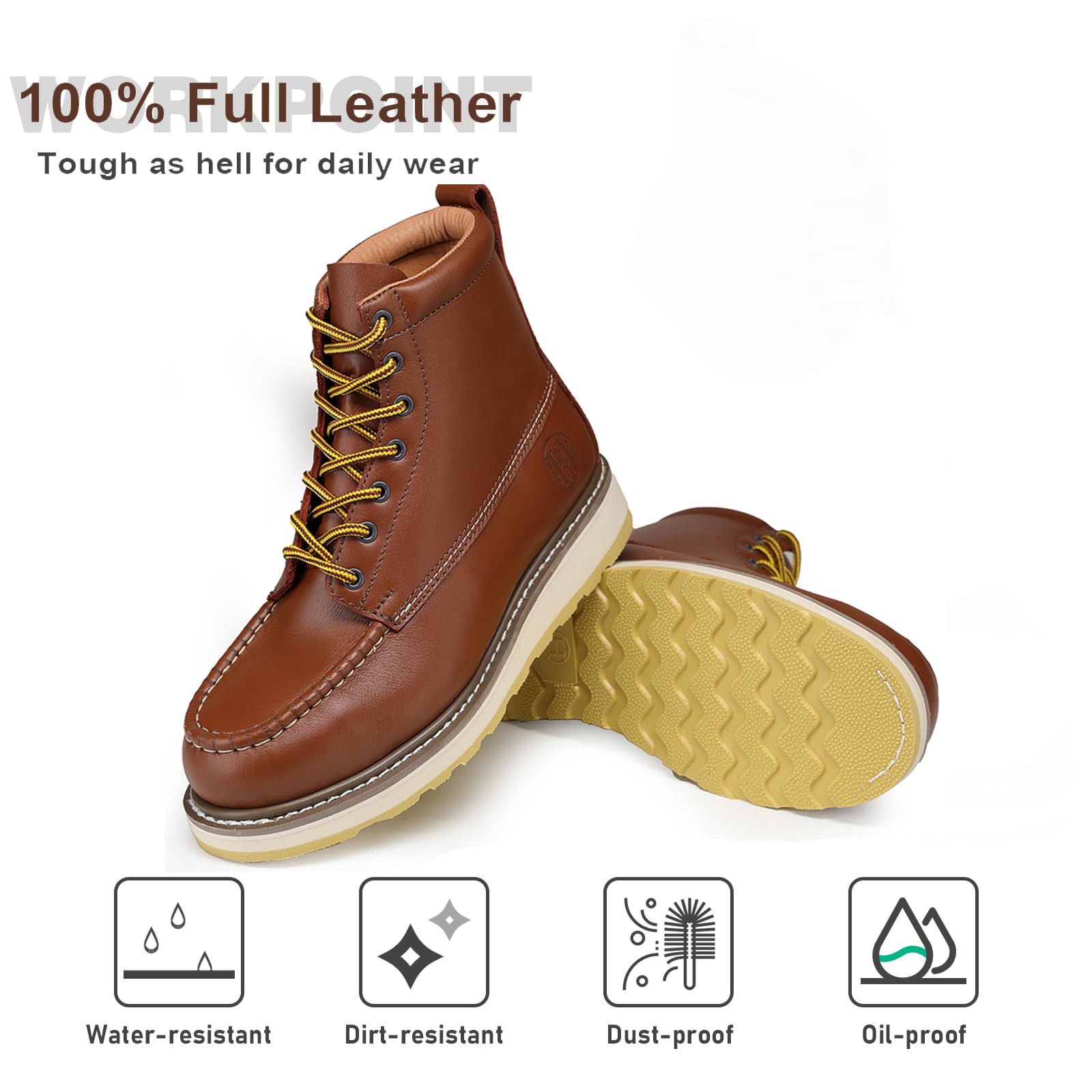 WORKPOINT Men's Soft Toe SureTrack Waterproof Non-Slip oil Breathable Durable Wedge Outsole 6" Brown Work Boots - Image 3